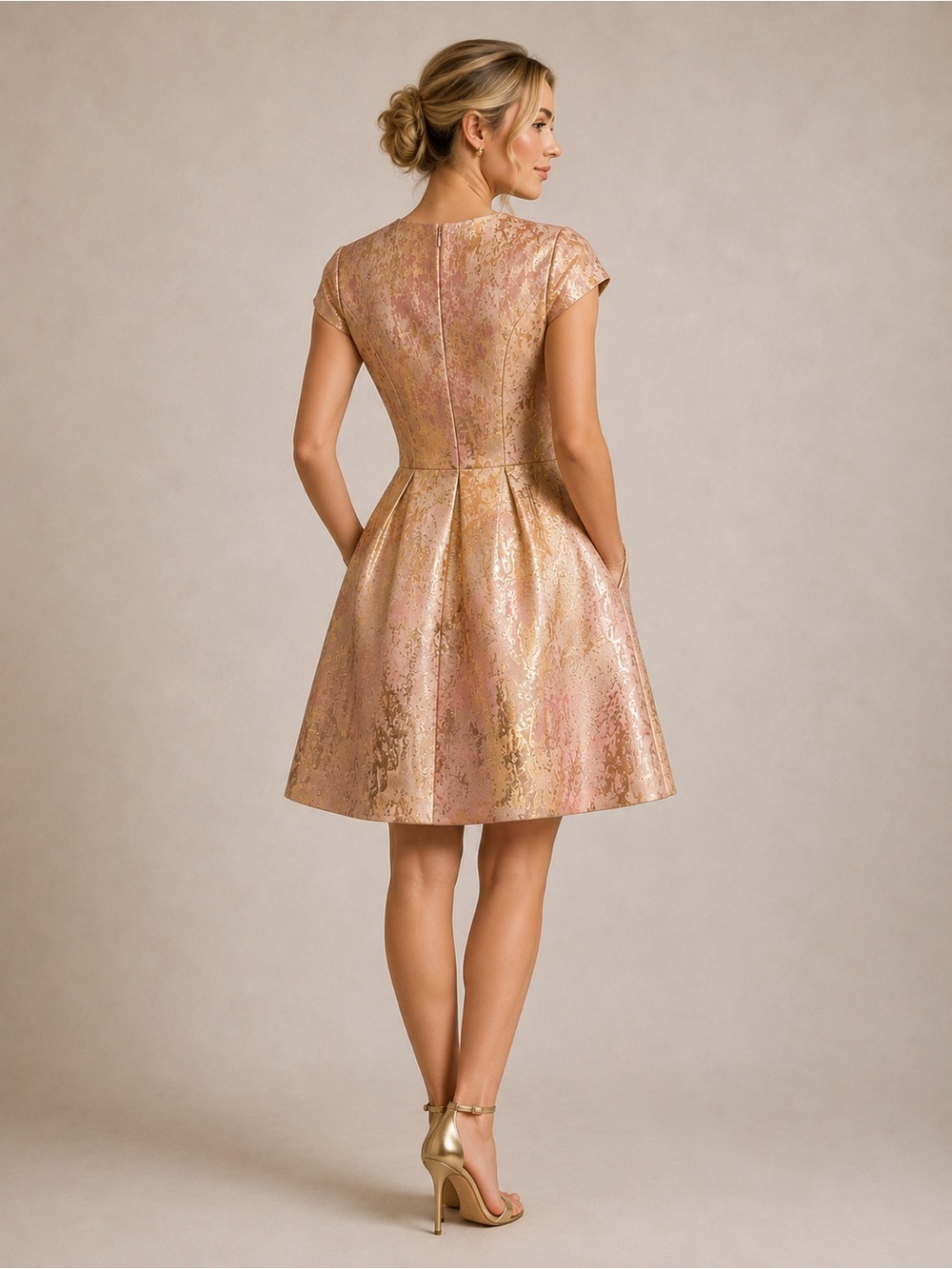 Vince Camuto NWT Metallic Pink Gold Jacquard Fit & Flare Dress Size 2 - Picture 5 of 9
